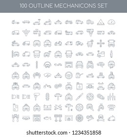 100 Mechanicons universal icons set with Car speedometer linear, Wrench Repair mechanism Wheel Wash Machine Pistons cross Change Oil inside a garage in gas station Repairing linear