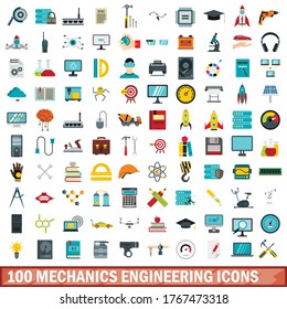 100 mechanics engineering icons set in flat style for any design vector illustration