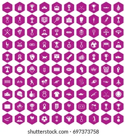 100 medal icons set in violet hexagon isolated vector illustration