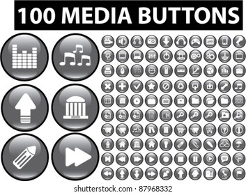 100 media buttons, icons, signs, vector