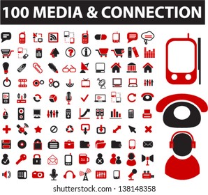 100 media & connection icons: wireless, communication, signal, application, mail, phone