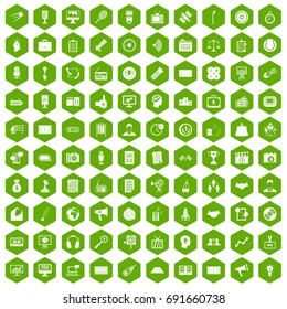 100 media icons set in green hexagon isolated vector illustration