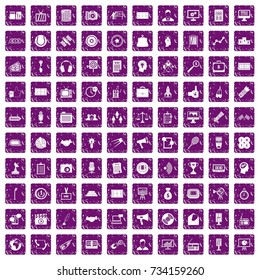 100 media icons set in grunge style purple color isolated on white background vector illustration