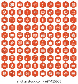 100 media icons set in orange hexagon isolated vector illustration