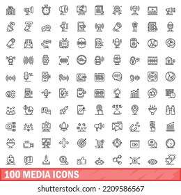 100 media icons set. Outline illustration of 100 media icons vector set isolated on white background