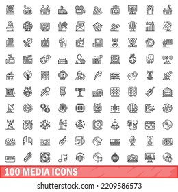 100 media icons set. Outline illustration of 100 media icons vector set isolated on white background