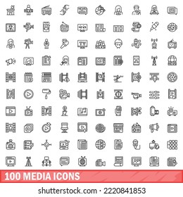 100 iconos de medios establecidos. Ilustración de esquema de 100 iconos de medios conjunto de vectores aislados en fondo blanco