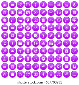 100 media icons set in purple circle isolated on white vector illustration