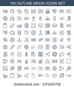 100 media icons. Trendy media icons white background. Included outline icons such as smart glasses, camera, play, fast forward, microphone, share. media icon for web and mobile.