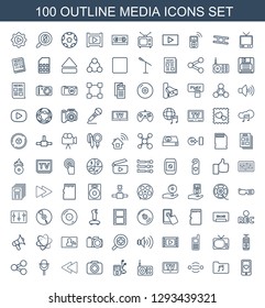 100 media icons. Trendy media icons white background. Included outline icons such as heart mobile, music folder, atom interaction, TV, radio, mp player. media icon for web and mobile.