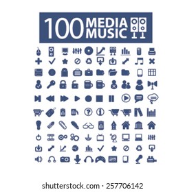 100 media, music, audio isolated icons, signs, illustrations concept design set on background for mobile application, website, adverisement, vector