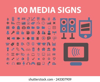 100 media, music, video, audio icons, signs, symbols, illustrations set on background, vector