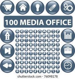 100 media office glossy buttons, vector illustration