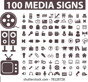 100 media signs, icons, buttons, vector