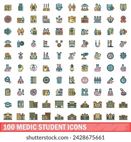 100 medic student icons set. Color line set of medic student vector icons thin line color flat on white