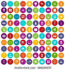 100 medical accessories icons set in different colors circle isolated vector illustration