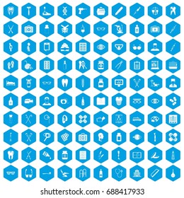 100 medical accessories icons set in blue hexagon isolated vector illustration