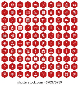 100 medical accessories icons set in red hexagon isolated vector illustration