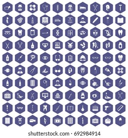 100 medical accessories icons set in purple hexagon isolated vector illustration