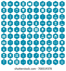 100 medical accessories icons set in sapphirine hexagon isolated vector illustration