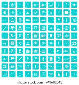 100 medical accessories icons set in grunge style blue color isolated on white background vector illustration