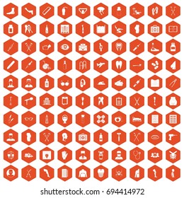 100 medical care icons set in orange hexagon isolated vector illustration