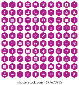 100 medical care icons set in violet hexagon isolated vector illustration
