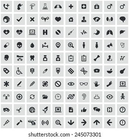 100 Medical icons, black on square gray background 