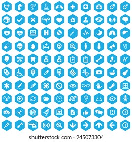 100 Medical Icons, Blue Hexagon Background 