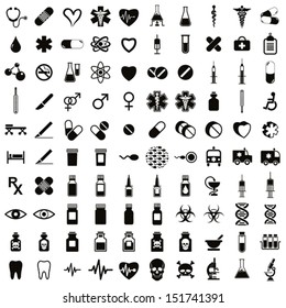 100 medical icons set, black and white vectors collection.