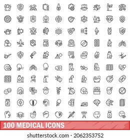 100 medical icons set. Outline illustration of 100 medical icons vector set isolated on white background