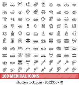 100 medical icons set. Outline illustration of 100 medical icons vector set isolated on white background