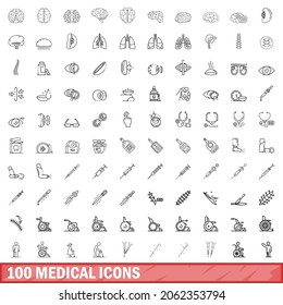 100 medical icons set. Outline illustration of 100 medical icons vector set isolated on white background