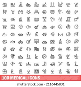 100 medical icons set. Outline illustration of 100 medical icons vector set isolated on white background