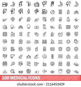 100 íconos médicos. Ilustración de esquema de 100 iconos médicos vectoriales aislados en fondo blanco