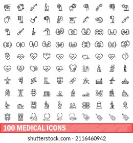 100 medical icons set. Outline illustration of 100 medical icons vector set isolated on white background