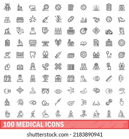 100 medical icons set. Outline illustration of 100 medical icons vector set isolated on white background