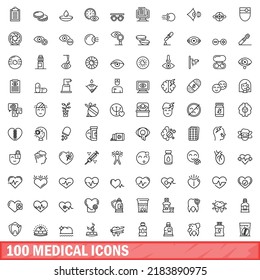 100 medical icons set. Outline illustration of 100 medical icons vector set isolated on white background