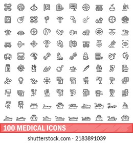 100 medical icons set. Outline illustration of 100 medical icons vector set isolated on white background