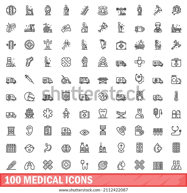 100 medical icons set.\
Outline illustration of 100 medical icons vector set isolated on\
white background