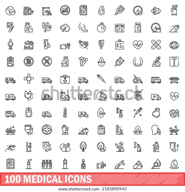 100 medical icons set.\
Outline illustration of 100 medical icons vector set isolated on\
white background