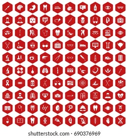 100 medical icons set in red hexagon isolated vector illustration