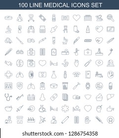 100 Medical Icons. Trendy Medical Icons White Background. Included Line Icons Such As MRI, Thermometer, Arm Rash, Medical Pills, Bandage, Man With Broken Arm. Icon For Web And Mobile.