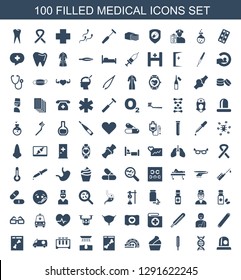 100 medical icons. Trendy medical icons white background. Included filled icons such as siren, dna, thermometer, cream, MRI, x ray, hair removal. medical icon for web and mobile.