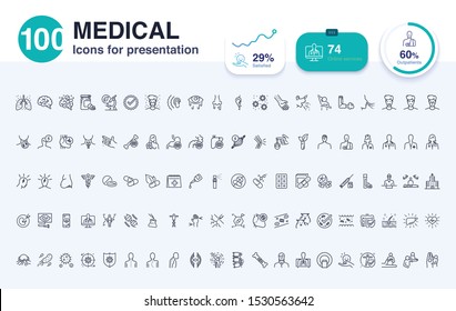 100 Medical line icon for presentation. Included icons as report, biotechnology, hospital, health, data and more.