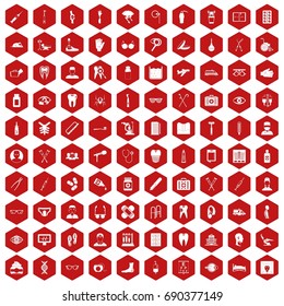 100 medical treatmet icons set in red hexagon isolated vector illustration
