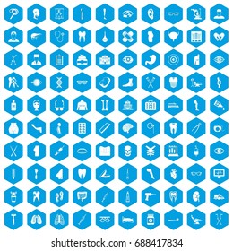 100 medicine icons set in blue hexagon isolated vector illustration