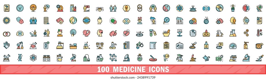 100 medicine icons set. Color line set of medicine vector icons thin line color flat on white