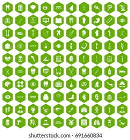100 medicine icons set in green hexagon isolated vector illustration