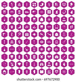 100 medicine icons set in violet hexagon isolated vector illustration
